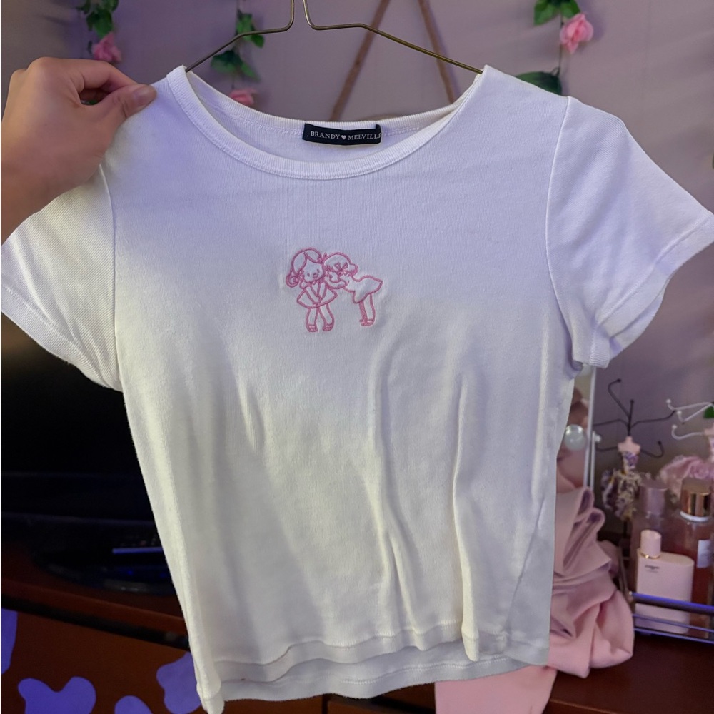 Brandy Melville White Tee with Pink Design